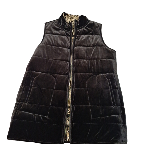 NWT Chico’s Size 2 Black Velvet to Gold Jacquard REVERSIBLE Quilted Vest( LG/12) - Picture 3 of 11